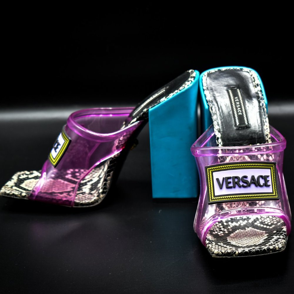VERSACE SS19 Runway pink PVC 90's logo square toe block high heel